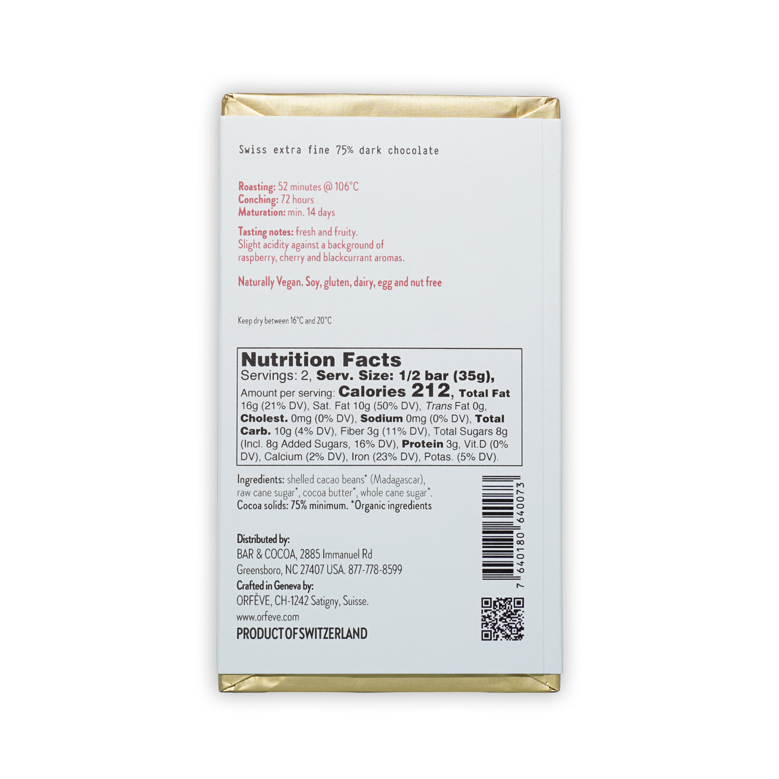Orfeve Dark Bejofo Madagascar 75% Swiss extra fine dark chocolate bar
