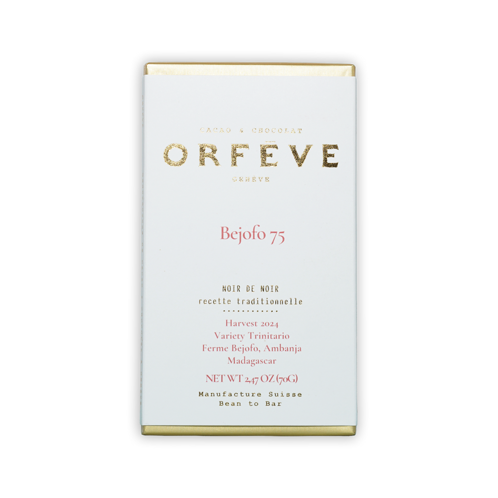 Orfeve Dark Bejofo Madagascar 75% chocolate bar wrapper with gold foil