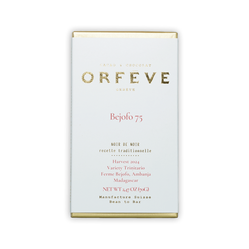 Orfeve Dark Bejofo Madagascar 75% chocolate bar wrapper with gold foil