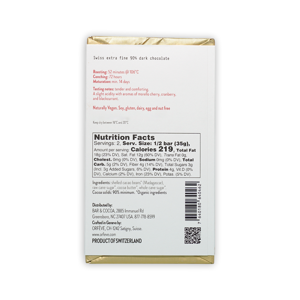 Orfeve Dark Bejofo Madagascar 90% Swiss extra fine dark chocolate bar
