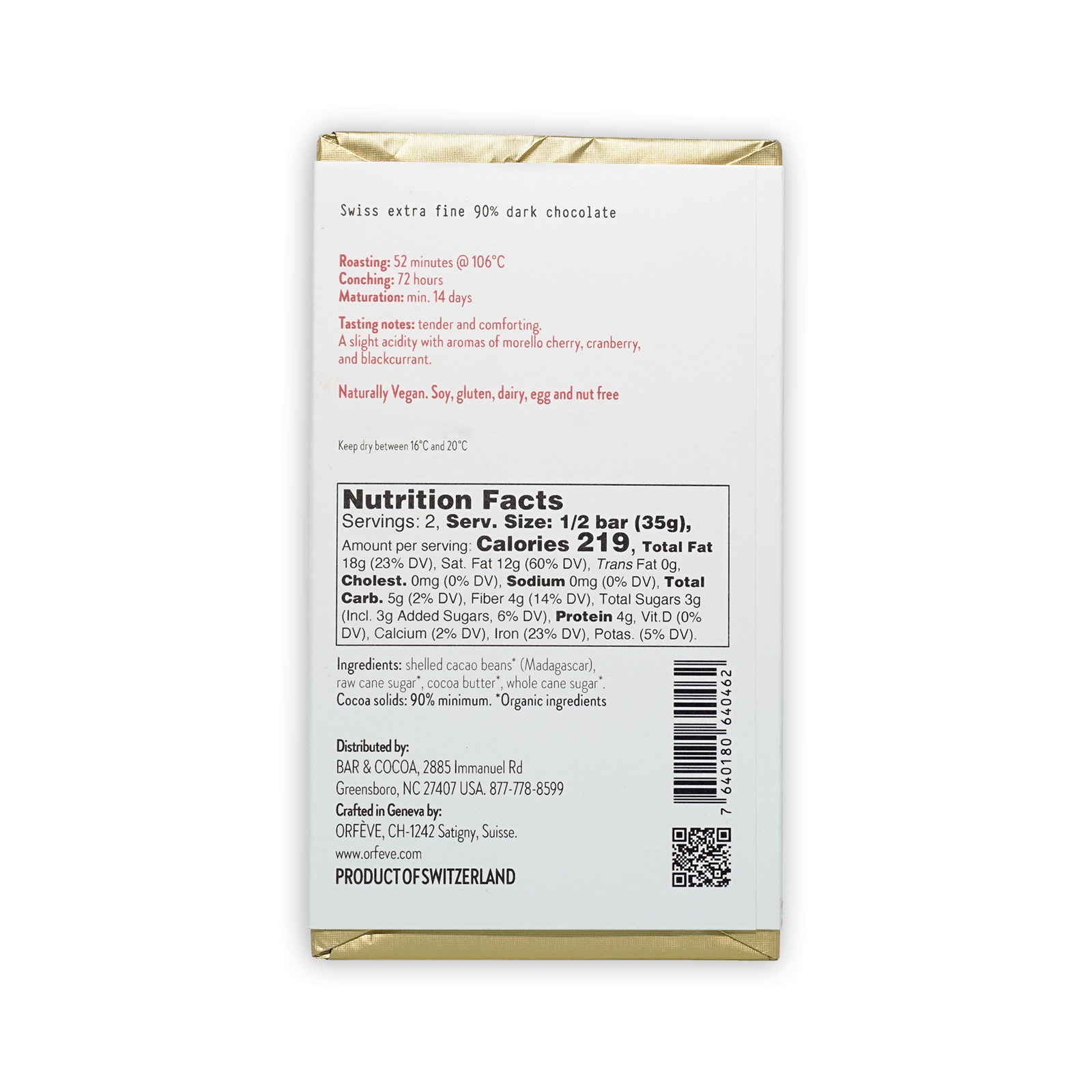 Orfeve Dark Bejofo Madagascar 90% Swiss extra fine dark chocolate bar
