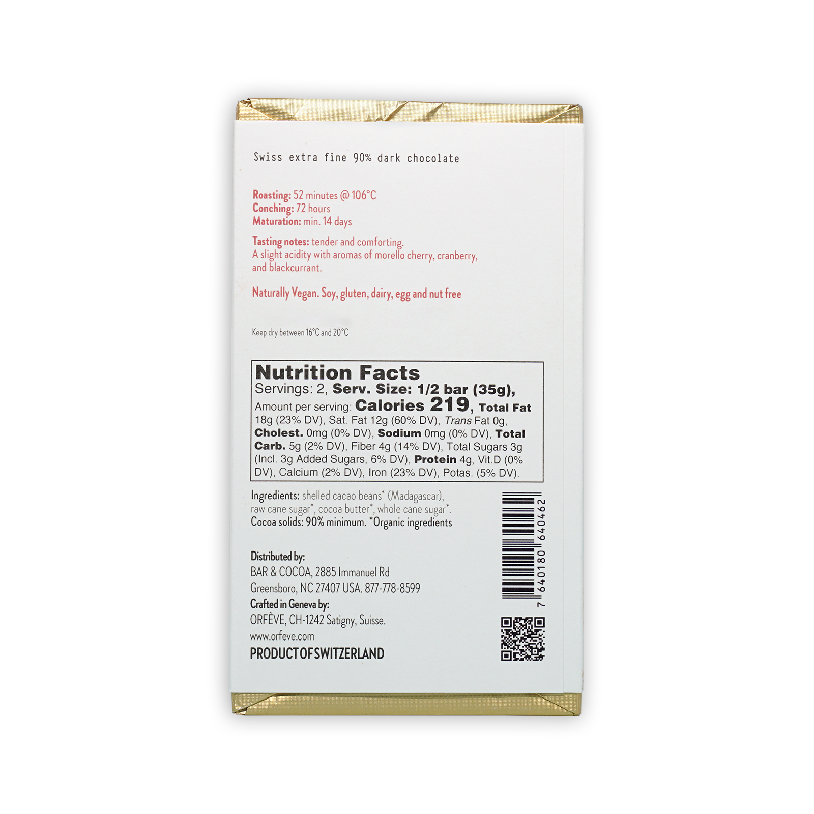 Orfeve Dark Bejofo Madagascar 90% Swiss extra fine dark chocolate bar