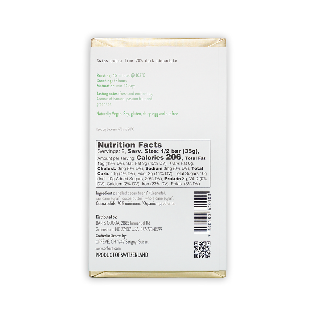 Orfeve Dark L’Esterre Grenada 70% Swiss extra fine dark chocolate bar