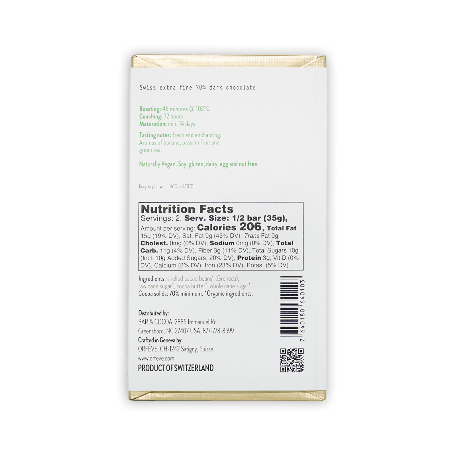 Orfeve Dark L’Esterre Grenada 70% Swiss extra fine dark chocolate bar