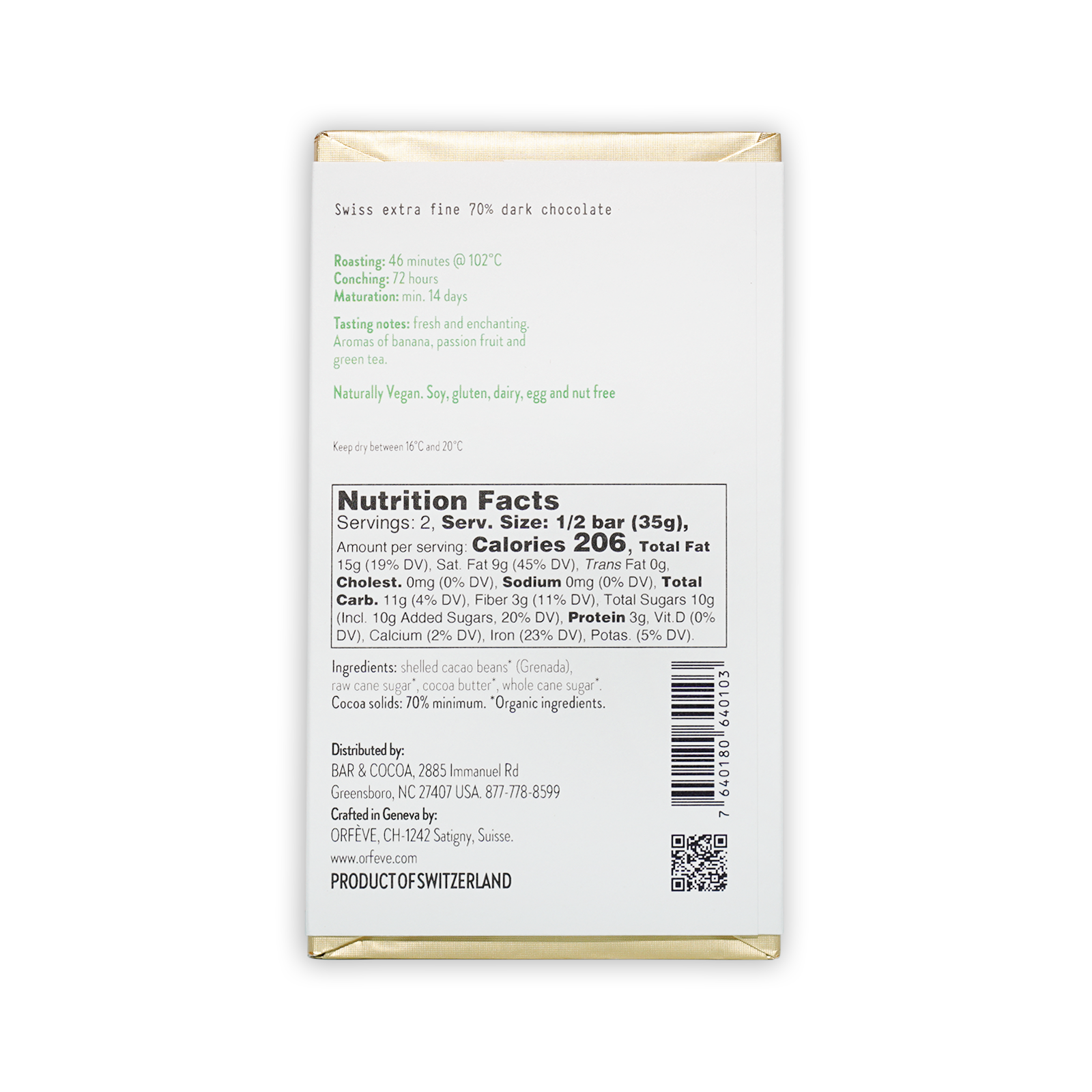 Orfeve Dark L’Esterre Grenada 70% Swiss extra fine dark chocolate bar