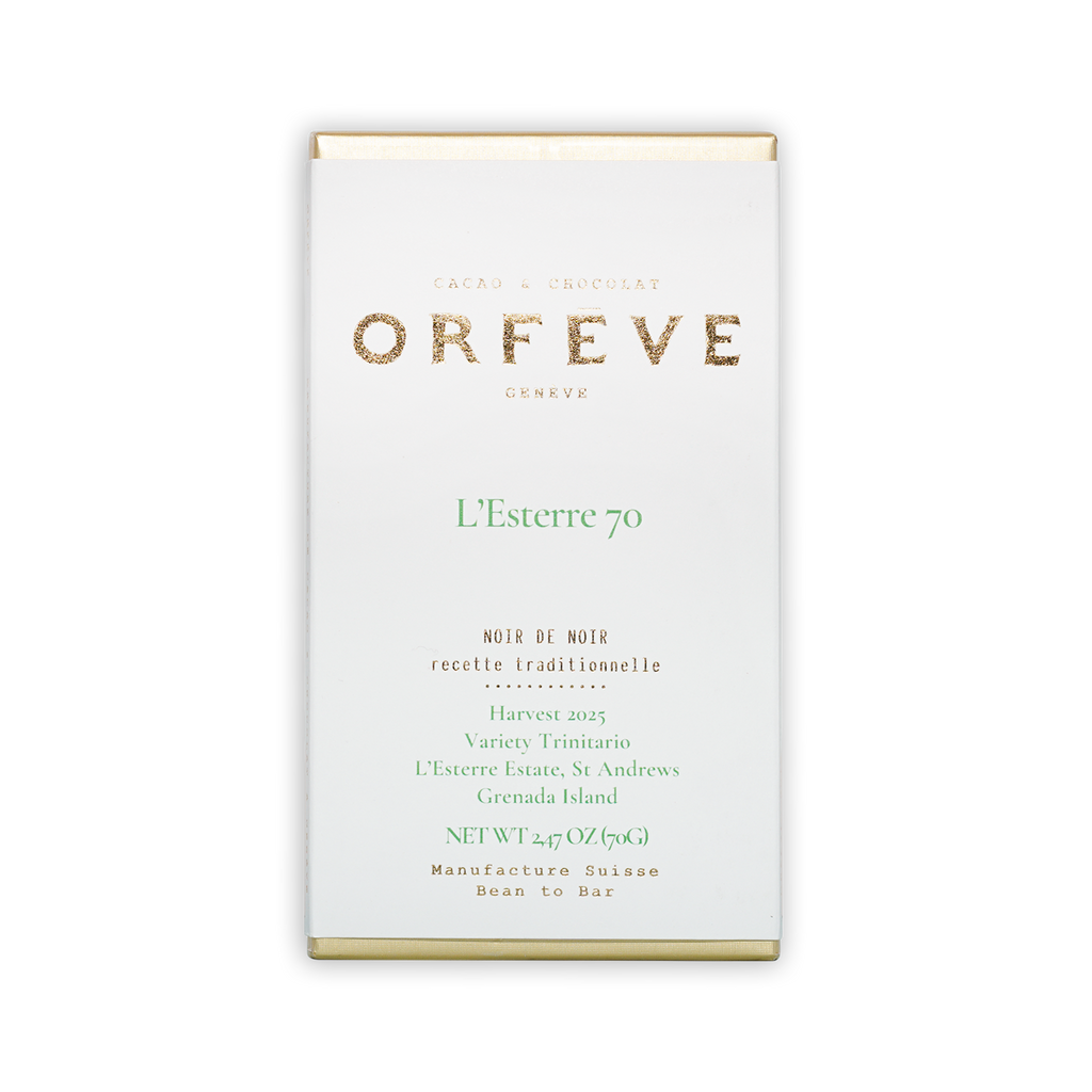 Orfeve Dark L’Esterre Grenada 70% white chocolate bar box with gold green text