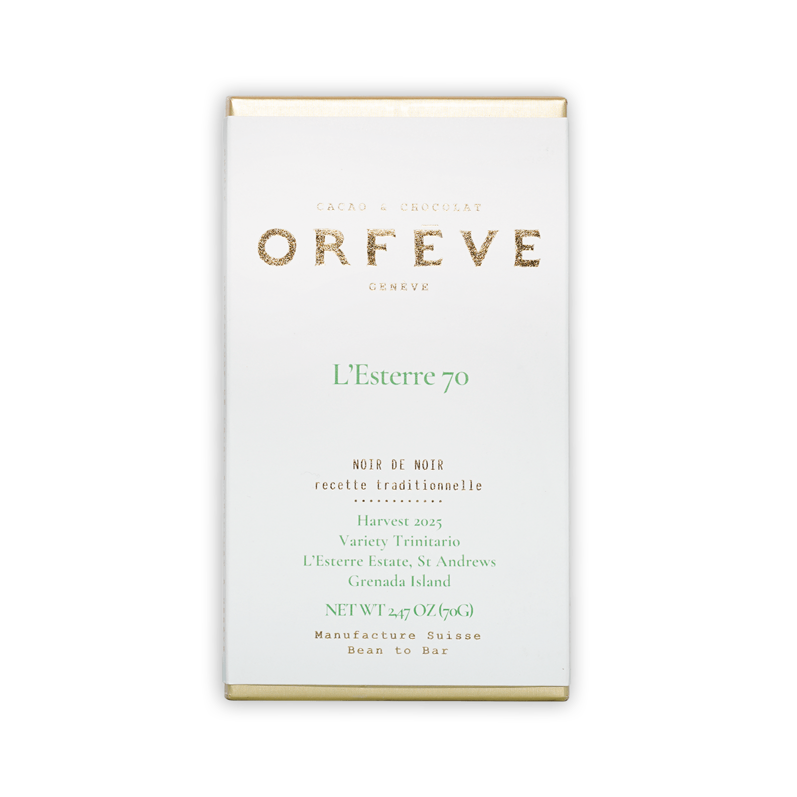 Orfeve Dark L’Esterre Grenada 70% white chocolate bar box with gold green text