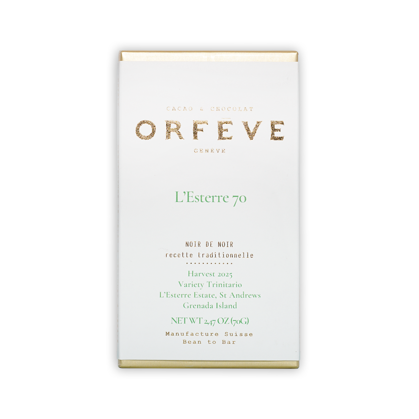 Orfeve Dark L’Esterre Grenada 70% white chocolate bar box with gold green text
