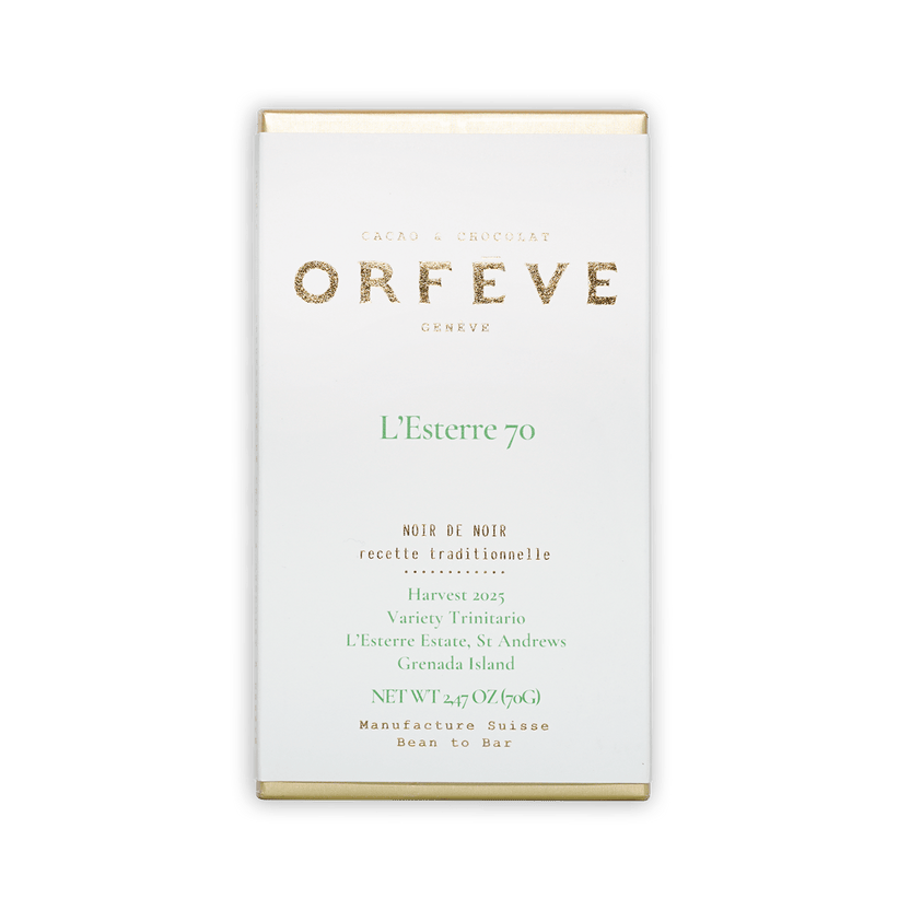 Orfeve Dark L’Esterre Grenada 70% white chocolate bar box with gold green text