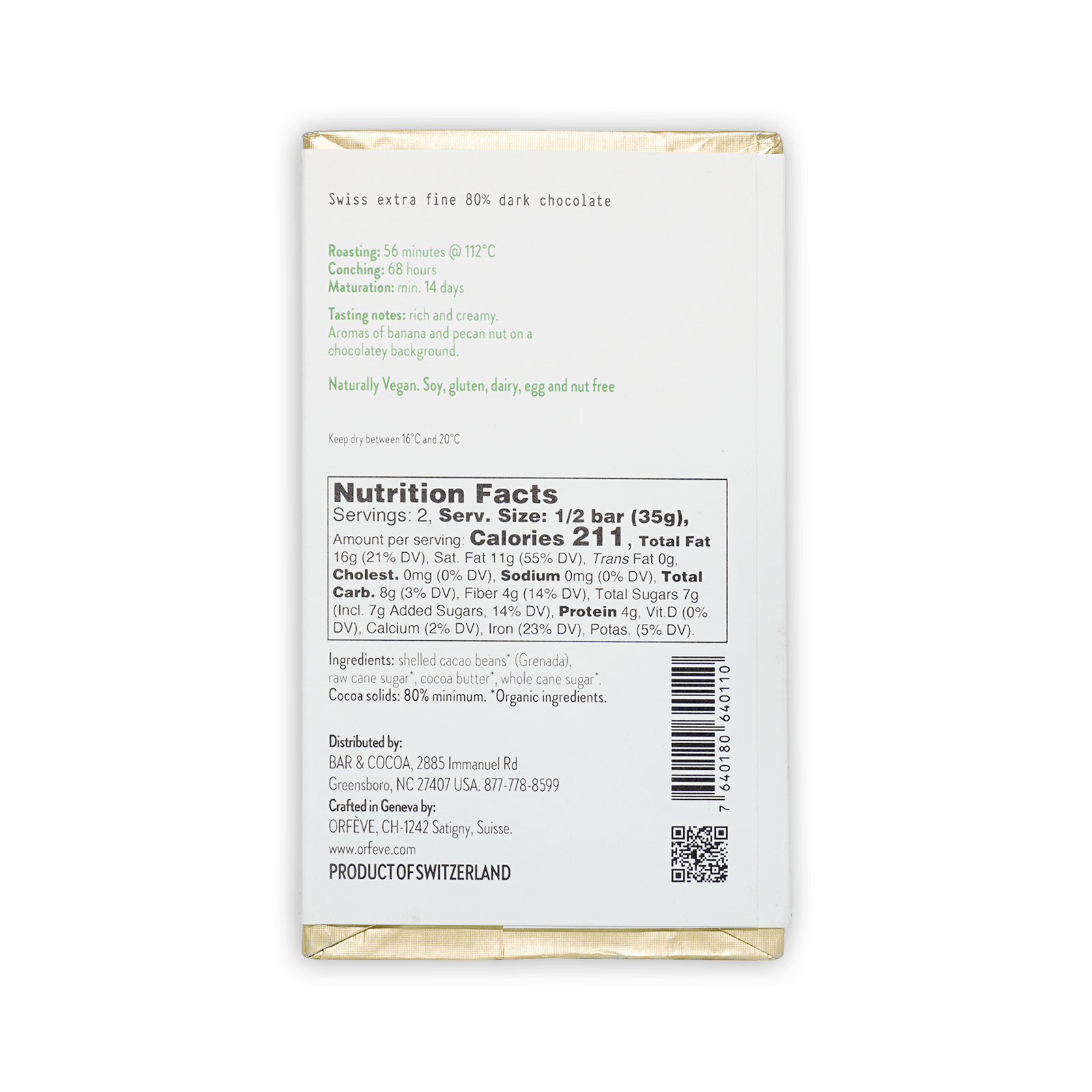 Orfeve Dark L’Esterre Grenada 80% white wrapper back with nutrition facts