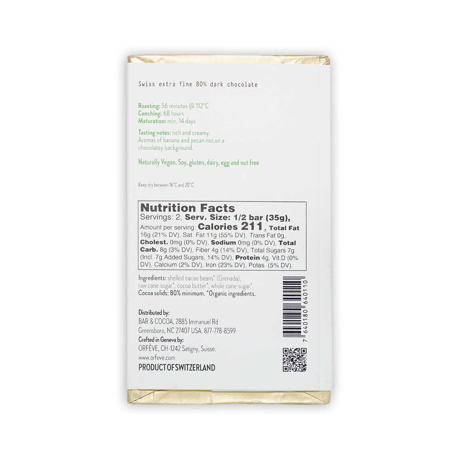 Orfeve Dark L’Esterre Grenada 80% white wrapper back with nutrition facts