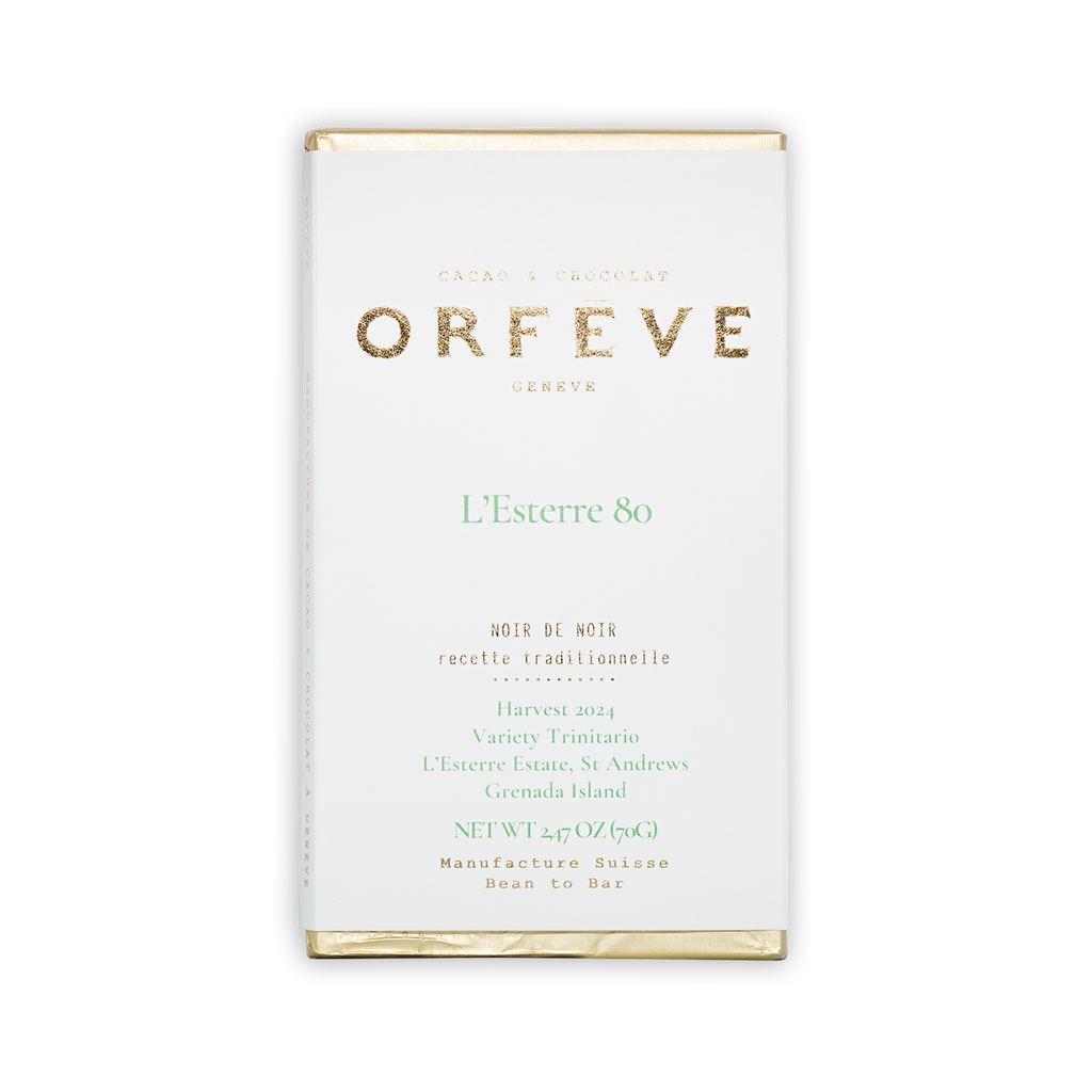 Orfeve Dark L’Esterre Grenada 80% white chocolate bar wrapper