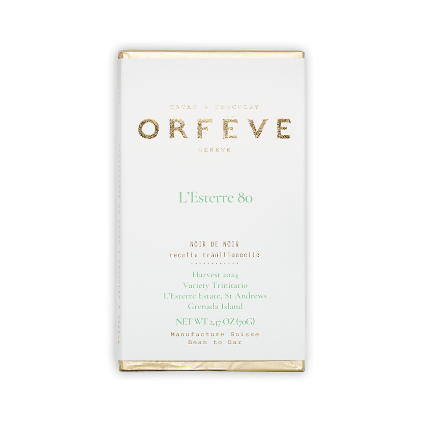 Orfeve Dark L’Esterre Grenada 80% white chocolate bar wrapper