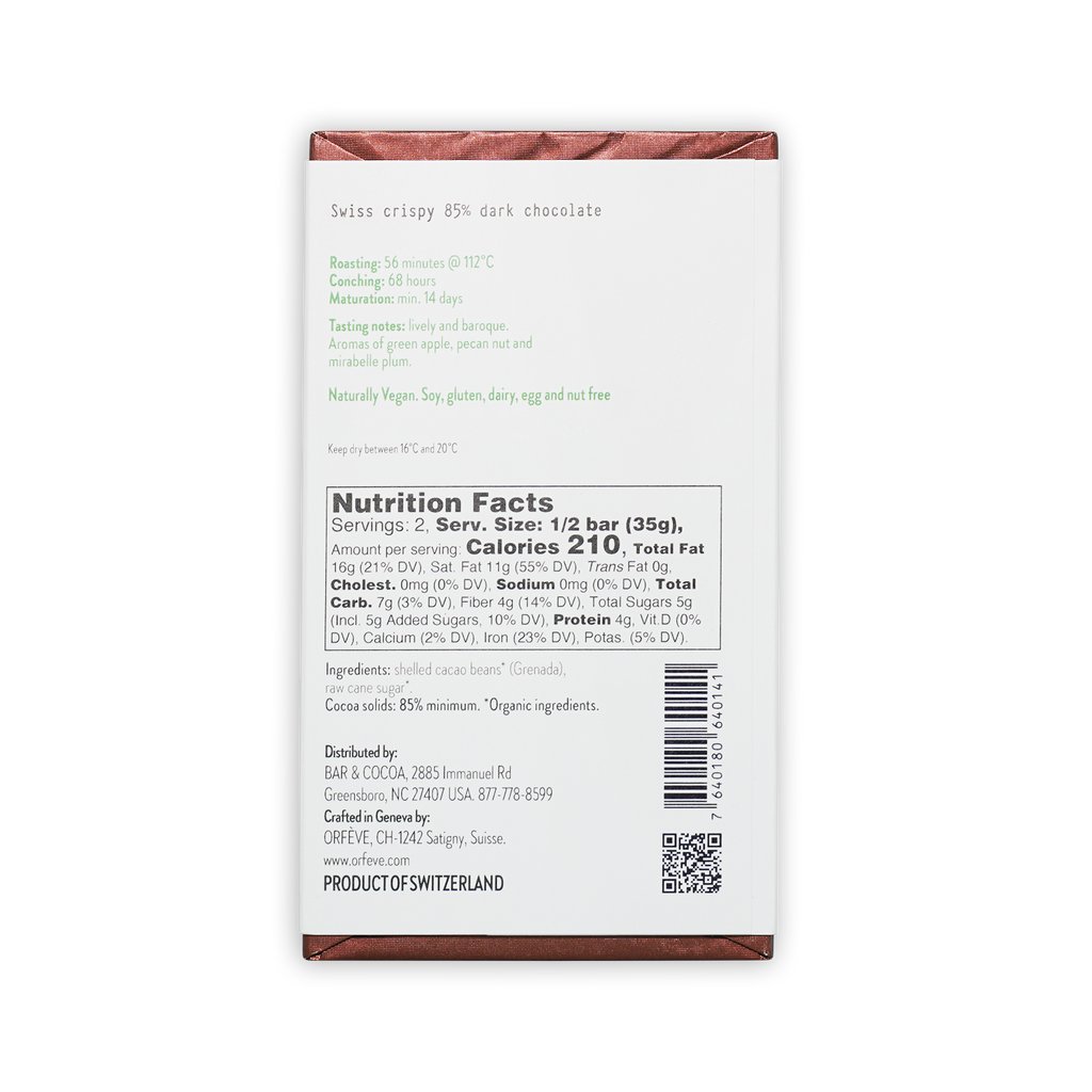 Orfeve Dark Brut 85% dark chocolate bar in white brown foil wrapper