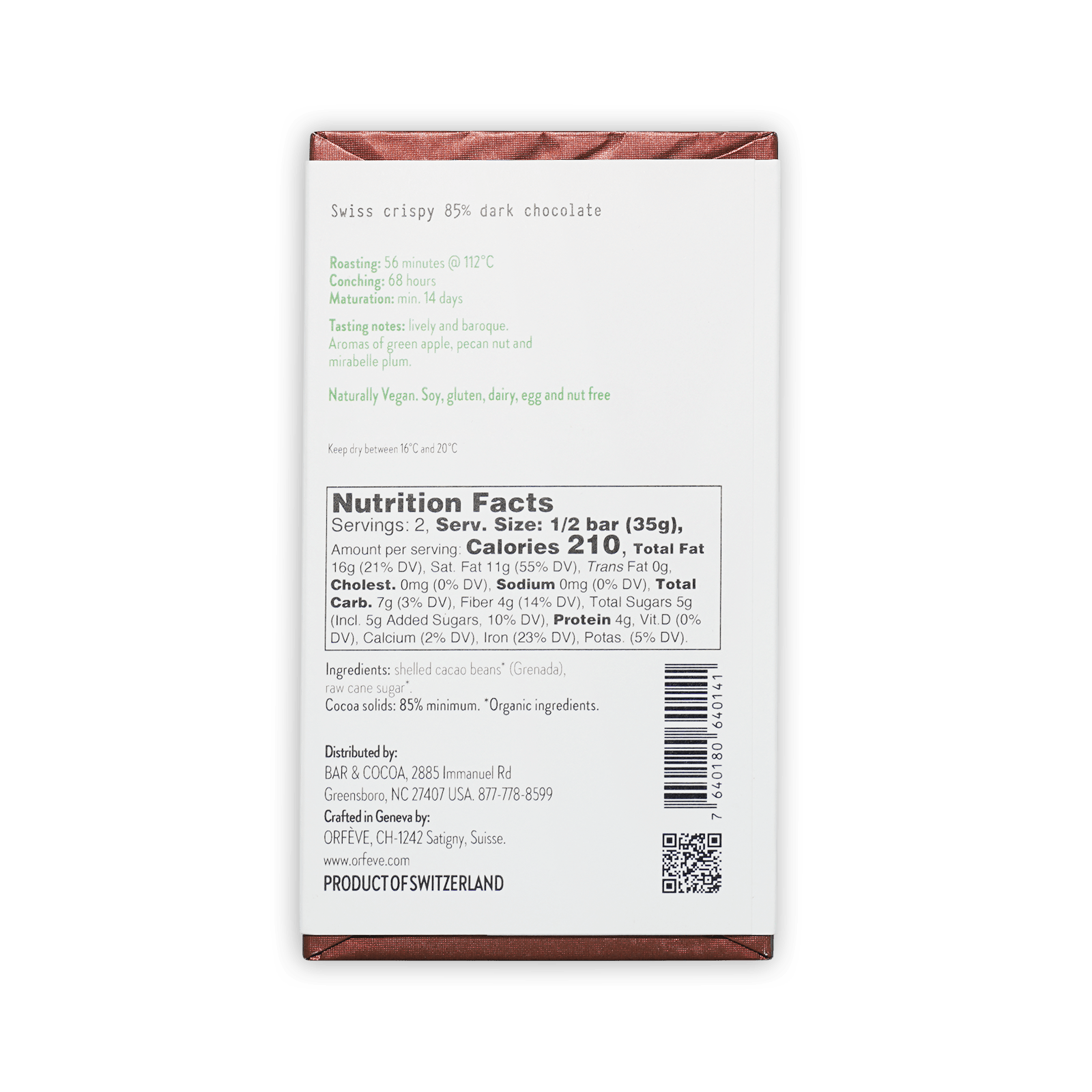 Orfeve Dark Brut 85% dark chocolate bar in white brown foil wrapper