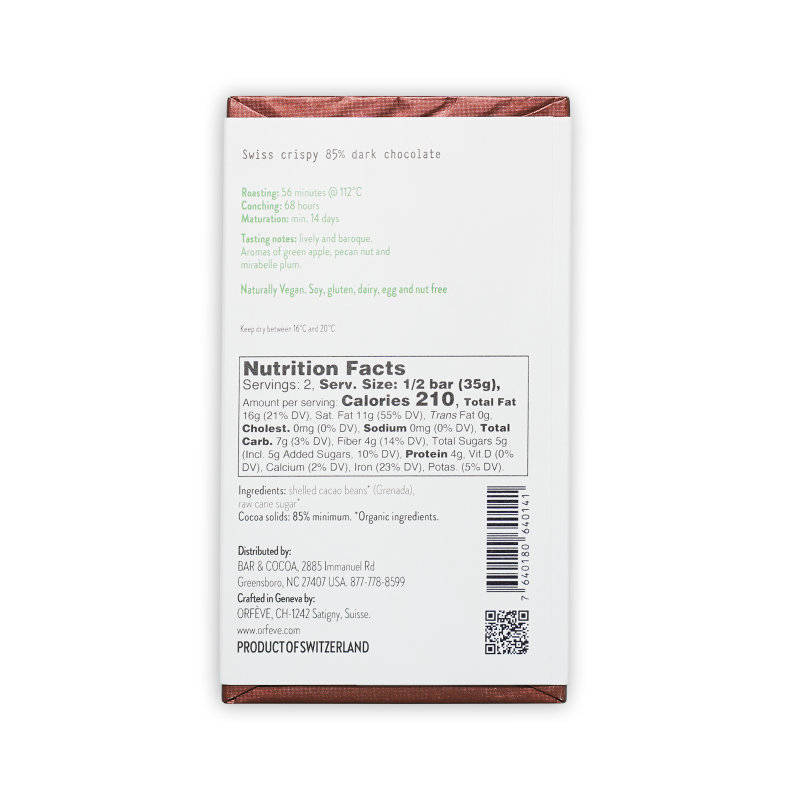 Orfeve Dark Brut 85% dark chocolate bar in white brown foil wrapper