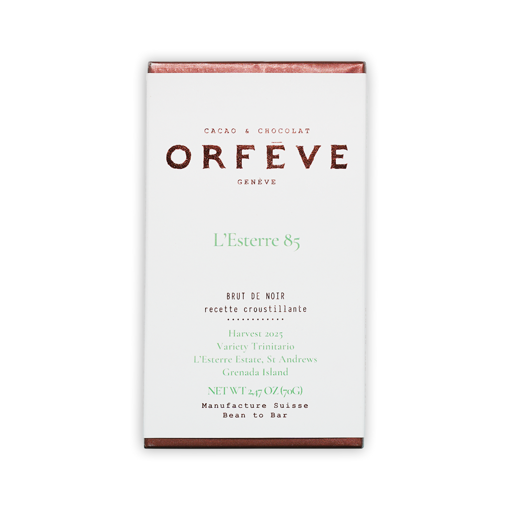 Orfeve Dark Brut 85% Grenada chocolate bar wrapper from Geneva