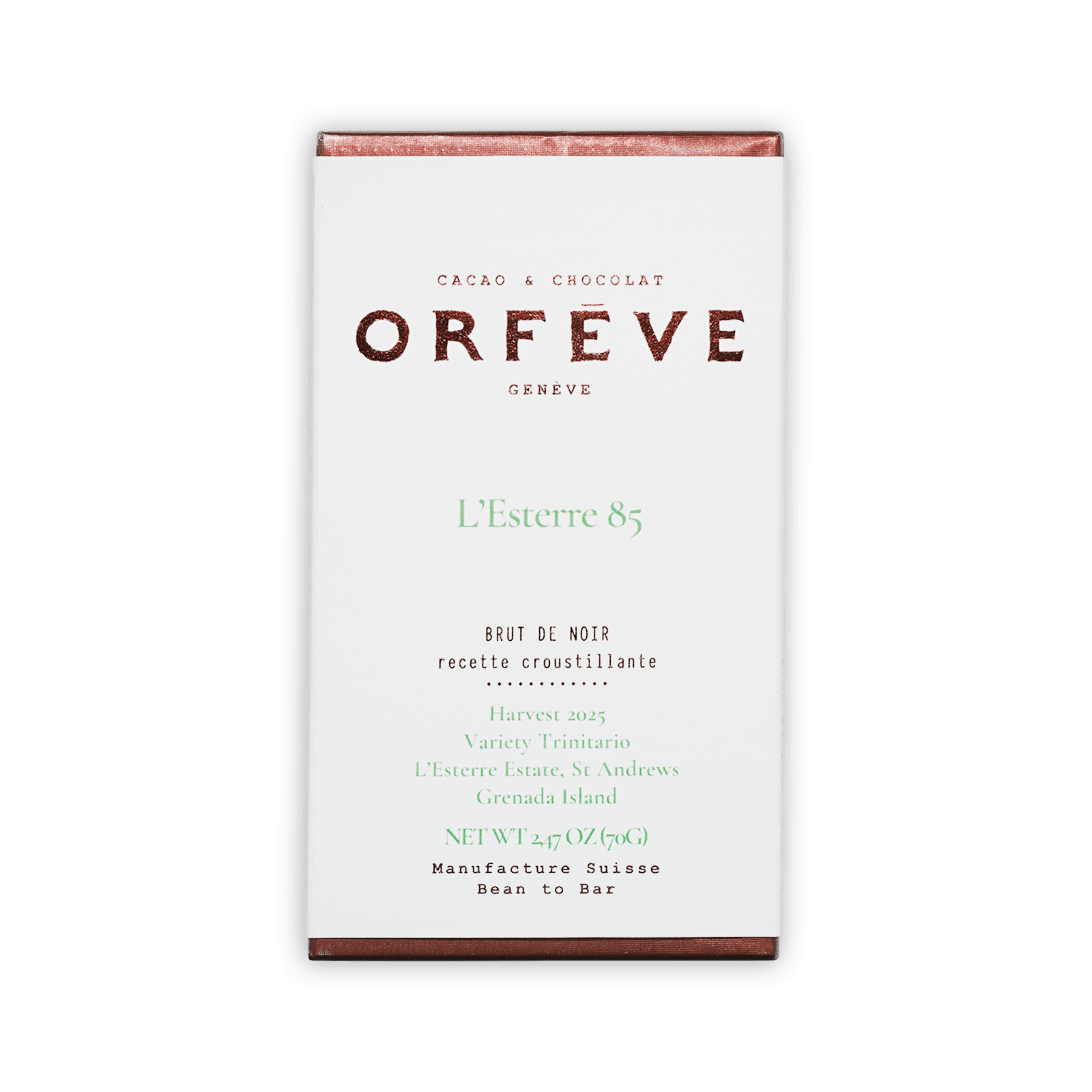Orfeve Dark Brut 85% Grenada chocolate bar wrapper from Geneva