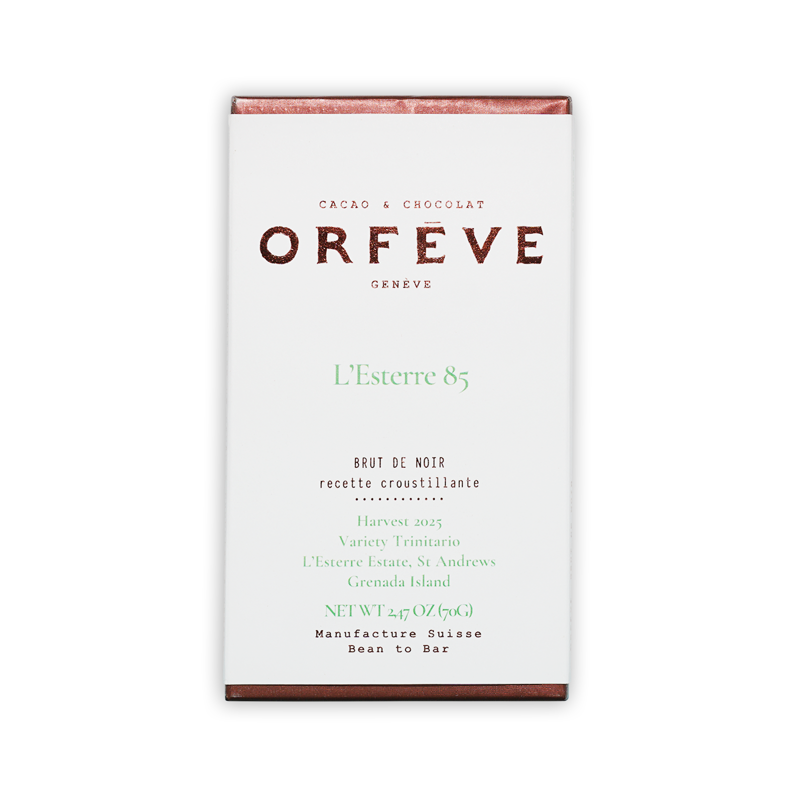 Orfeve Dark Brut 85% Grenada chocolate bar wrapper from Geneva