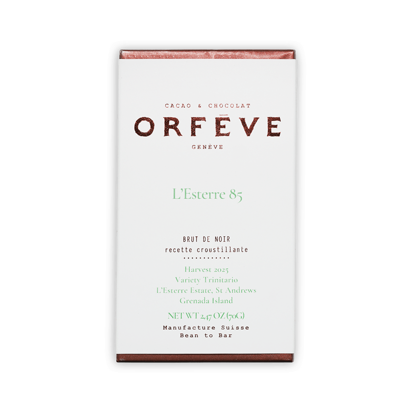 Orfeve Dark Brut 85% Grenada chocolate bar wrapper from Geneva