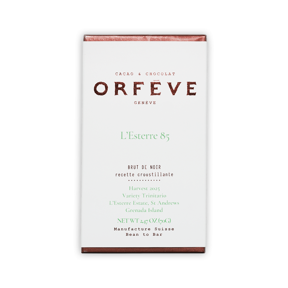 Orfeve Dark Brut 85% Grenada chocolate bar wrapper from Geneva