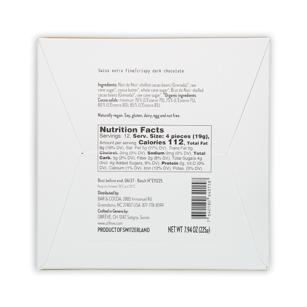 Back of Orfeve Dark Chocolate Grenada Tasting Box: white box with swiss extra fine crispy dark chocolate ingredients and nutrition facts