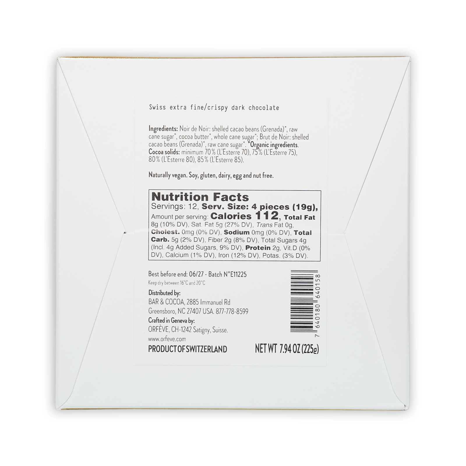 Back of Orfeve Dark Chocolate Grenada Tasting Box: white box with swiss extra fine crispy dark chocolate ingredients and nutrition facts