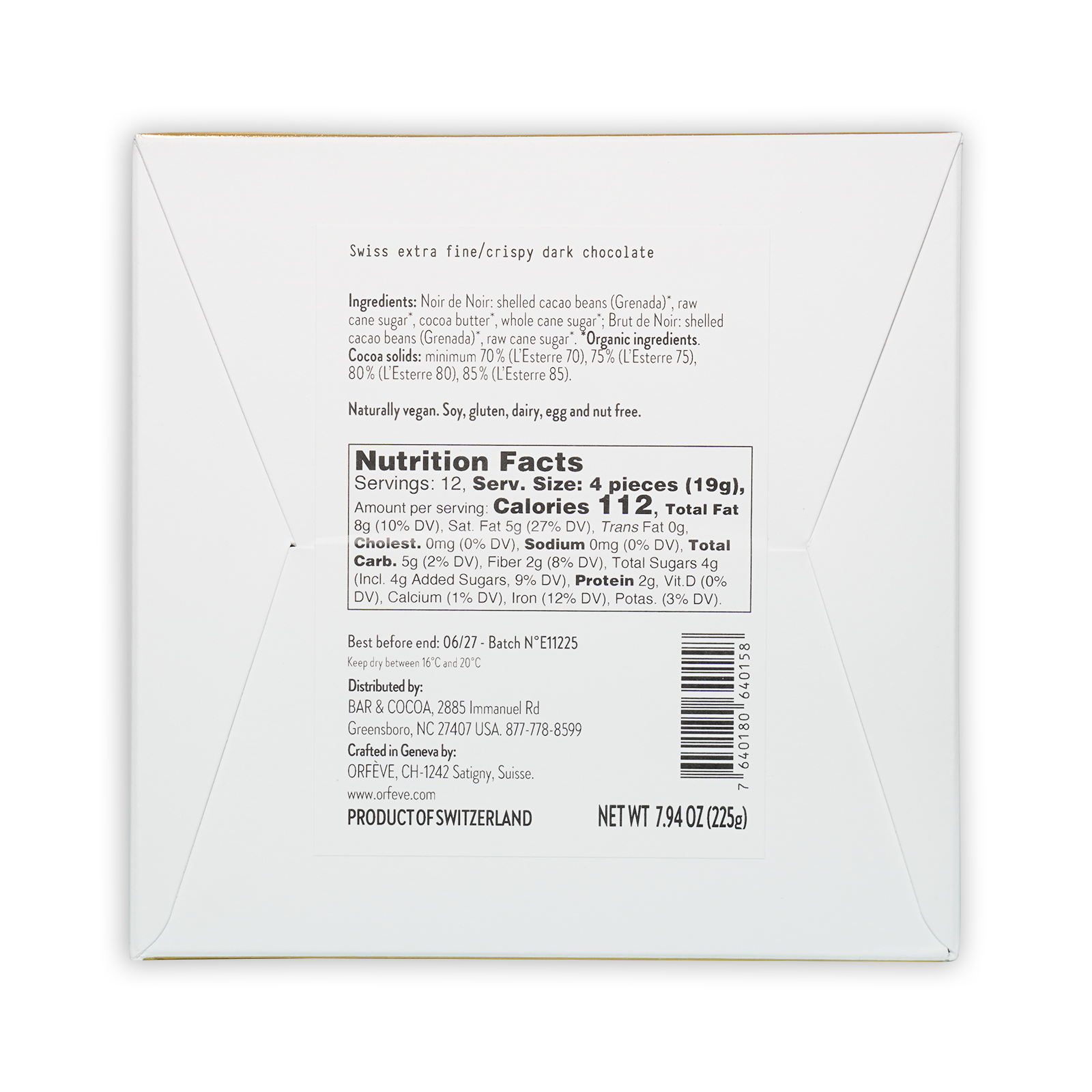 Back of Orfeve Dark Chocolate Grenada Tasting Box: white box with swiss extra fine crispy dark chocolate ingredients and nutrition facts