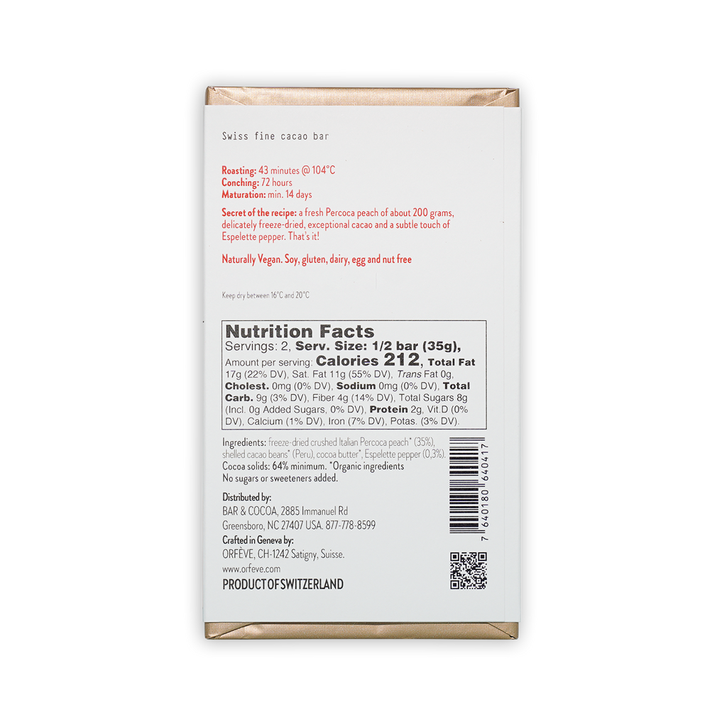 Orfeve Dark w/ Peach & Pepper 64% cacao bar packaging with gold edges and red ingredients text
