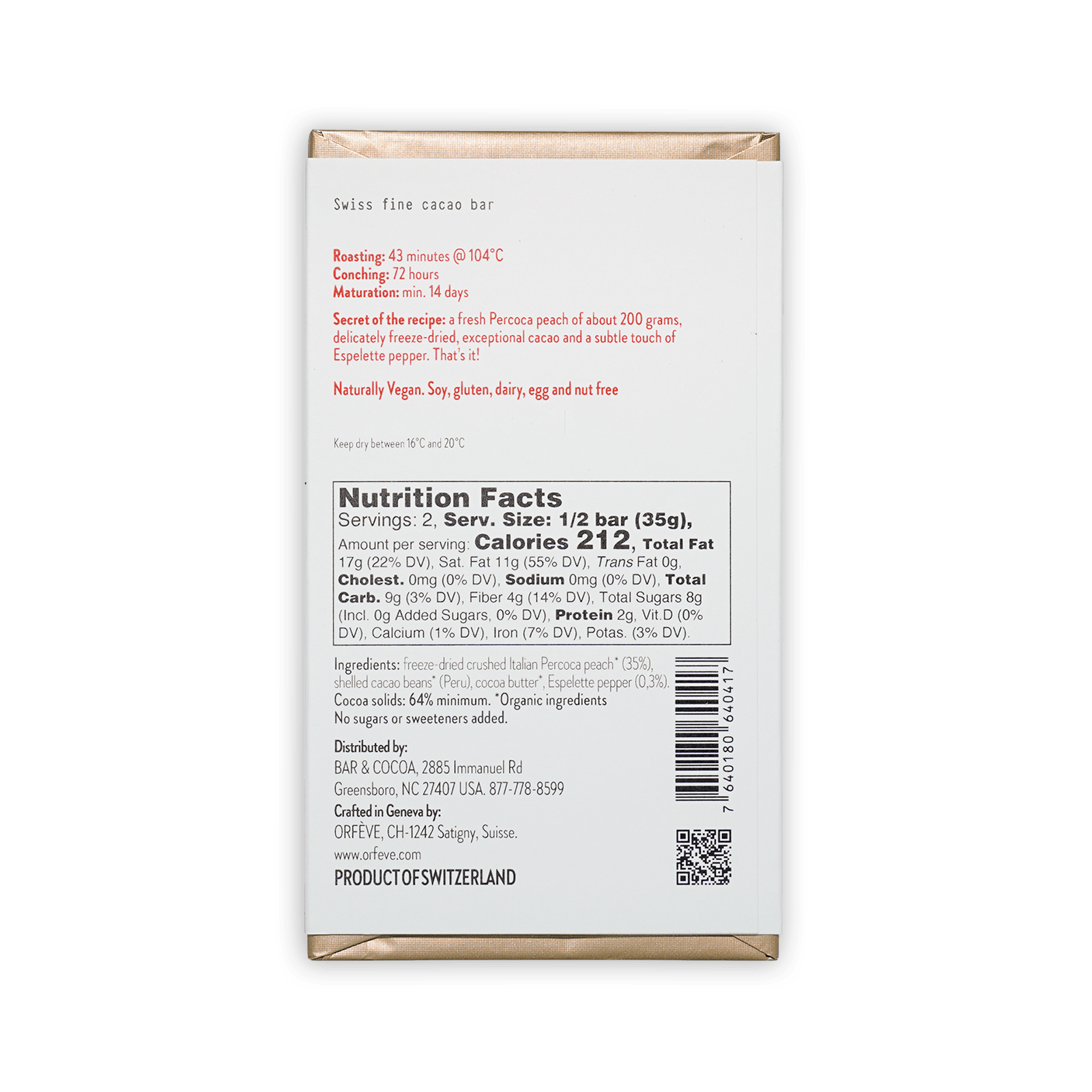 Orfeve Dark w/ Peach & Pepper 64% cacao bar packaging with gold edges and red ingredients text