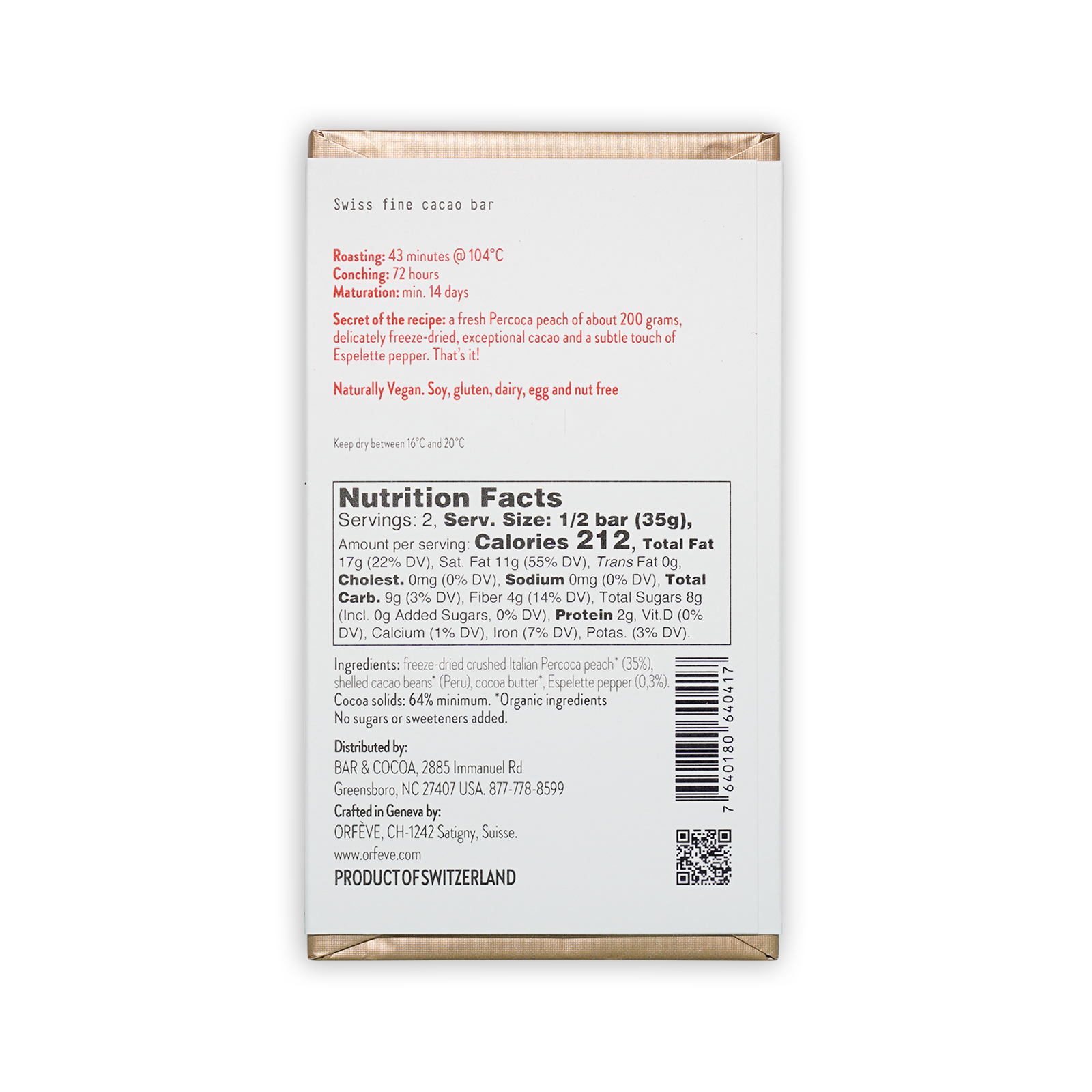 Orfeve Dark w/ Peach & Pepper 64% cacao bar packaging with gold edges and red ingredients text
