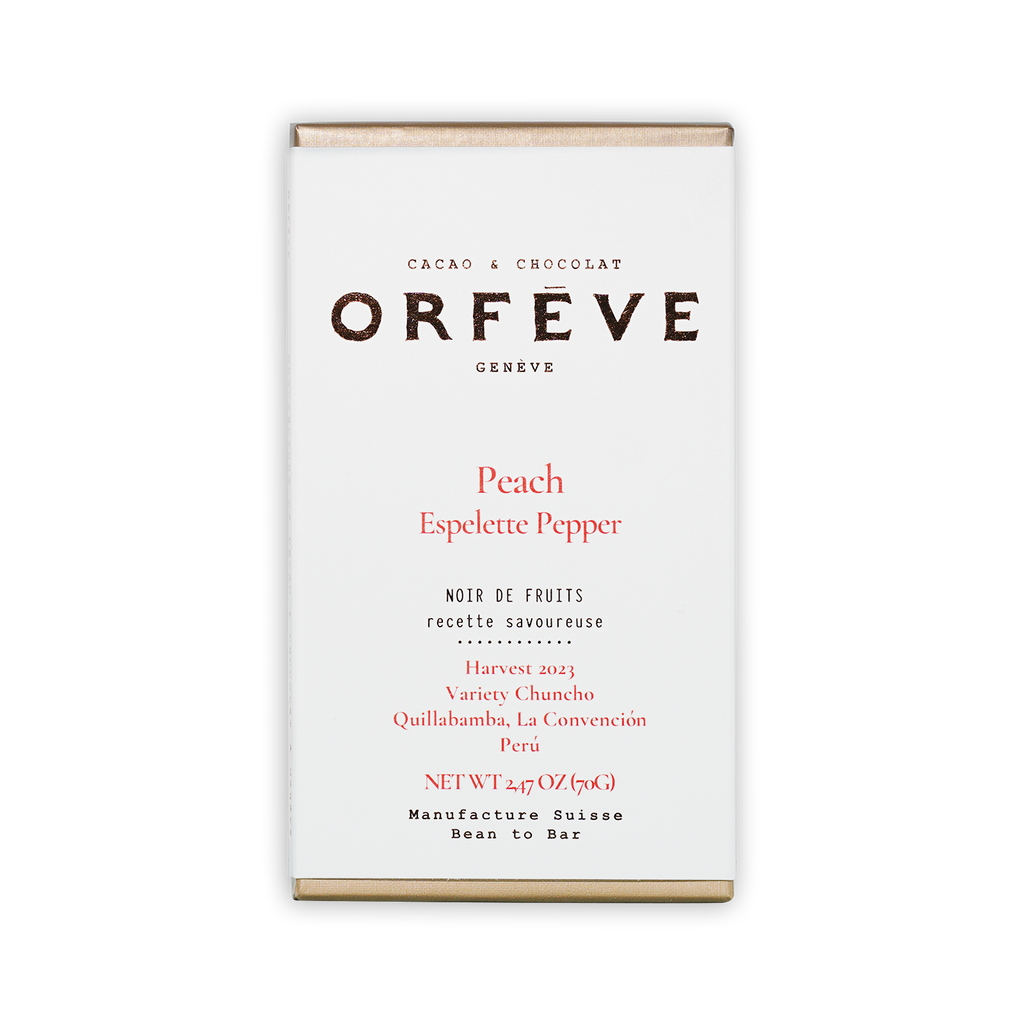 Orfève dark chocolate bar with peach espelette pepper, no added sugar, 64%