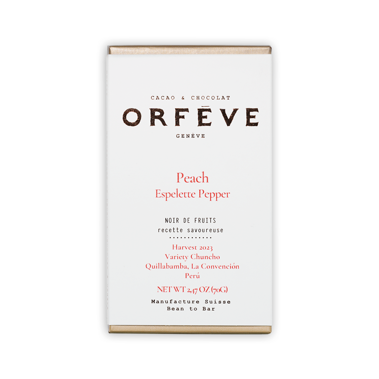 Orfève dark chocolate bar with peach espelette pepper, no added sugar, 64%