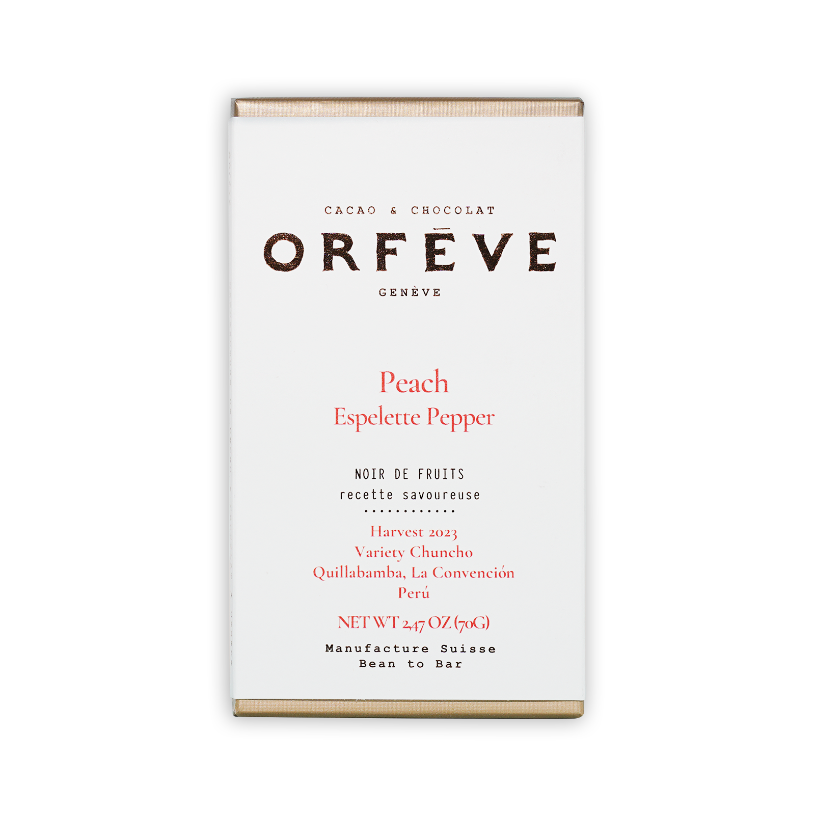 Orfève dark chocolate bar with peach espelette pepper, no added sugar, 64%