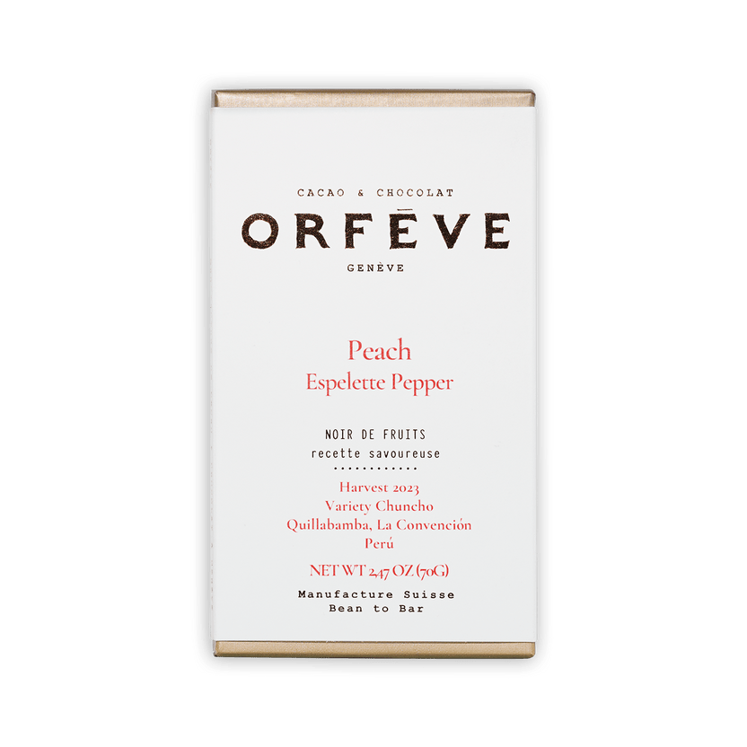 Orfève dark chocolate bar with peach espelette pepper, no added sugar, 64%