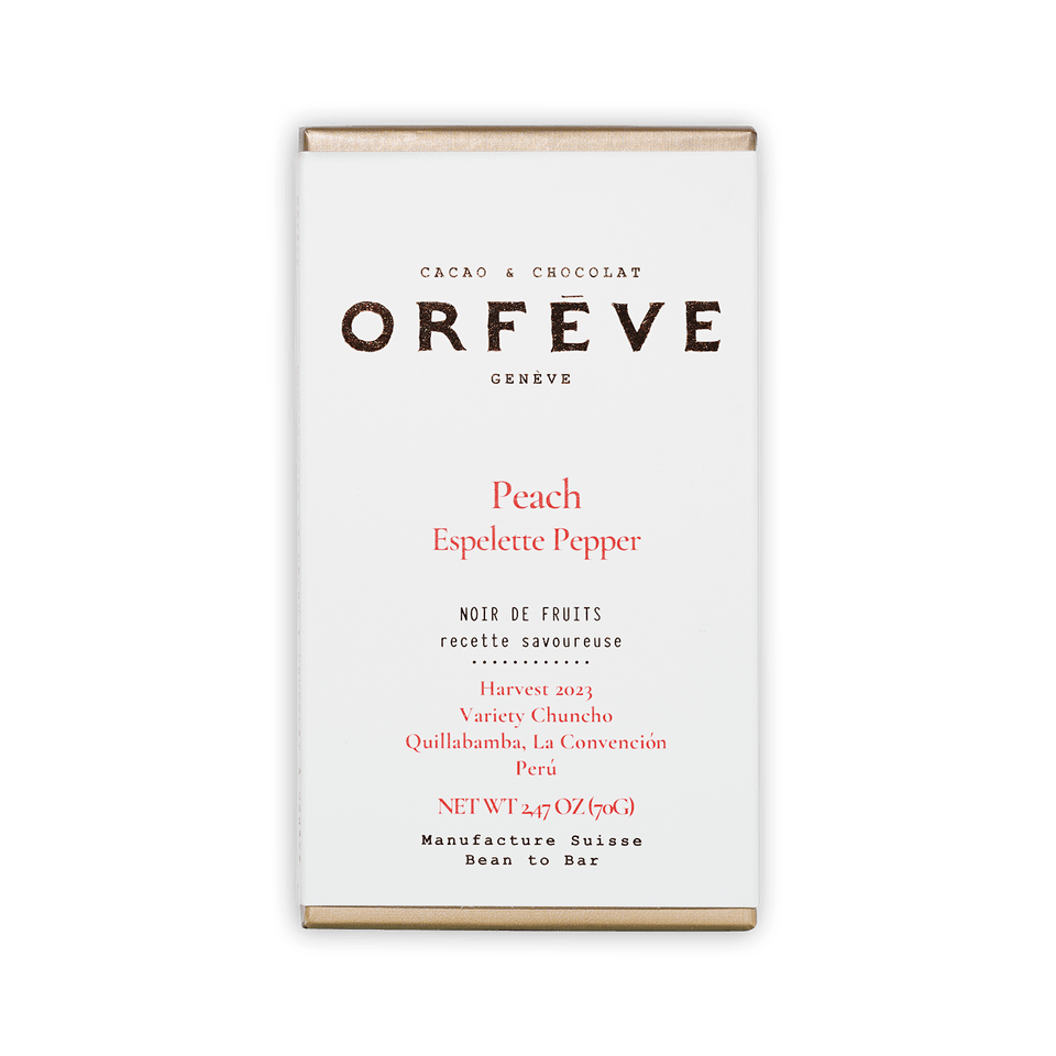 Orfève dark chocolate bar with peach espelette pepper, no added sugar, 64%
