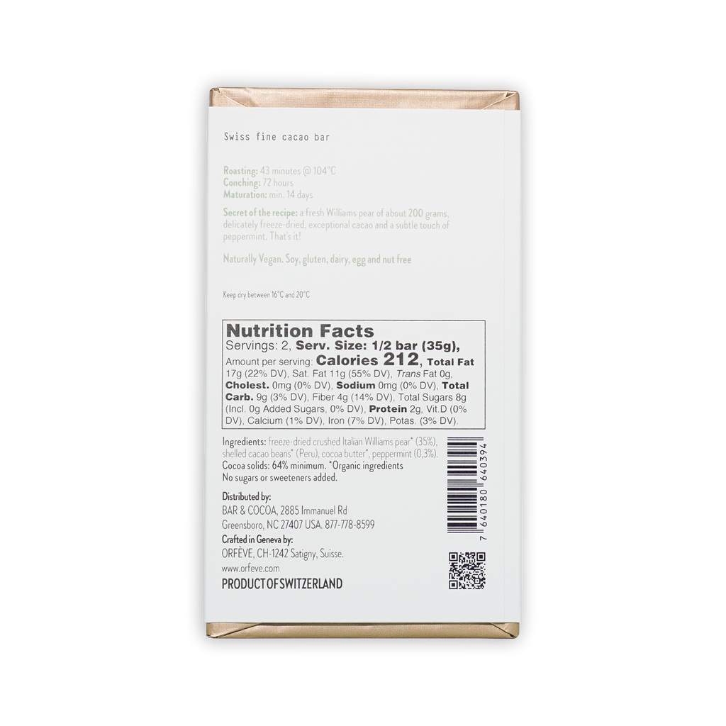 Orfeve Dark w/ Pear & Peppermint 64% cacao bar in white wrapper