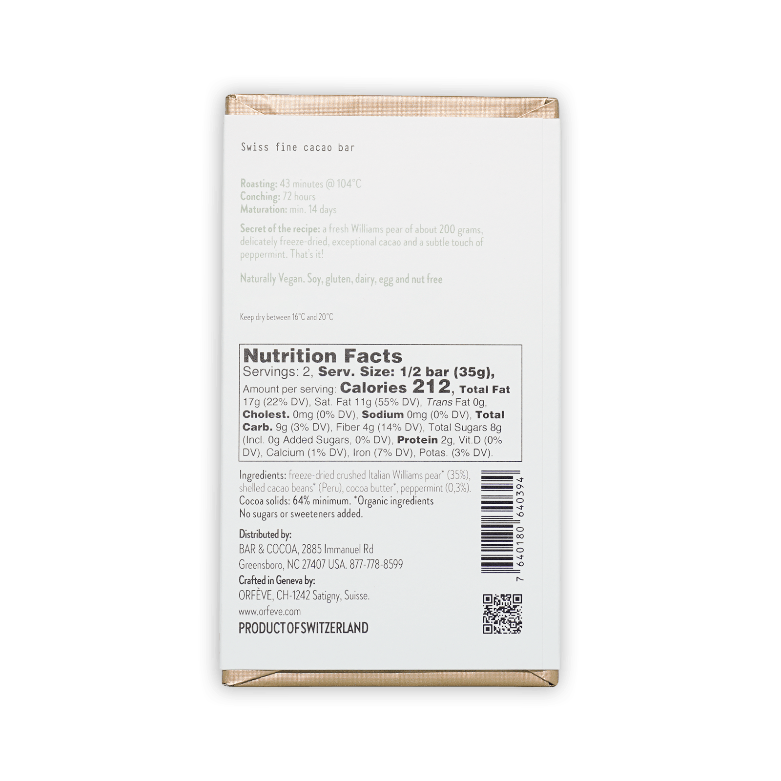Orfeve Dark w/ Pear & Peppermint 64% cacao bar in white wrapper