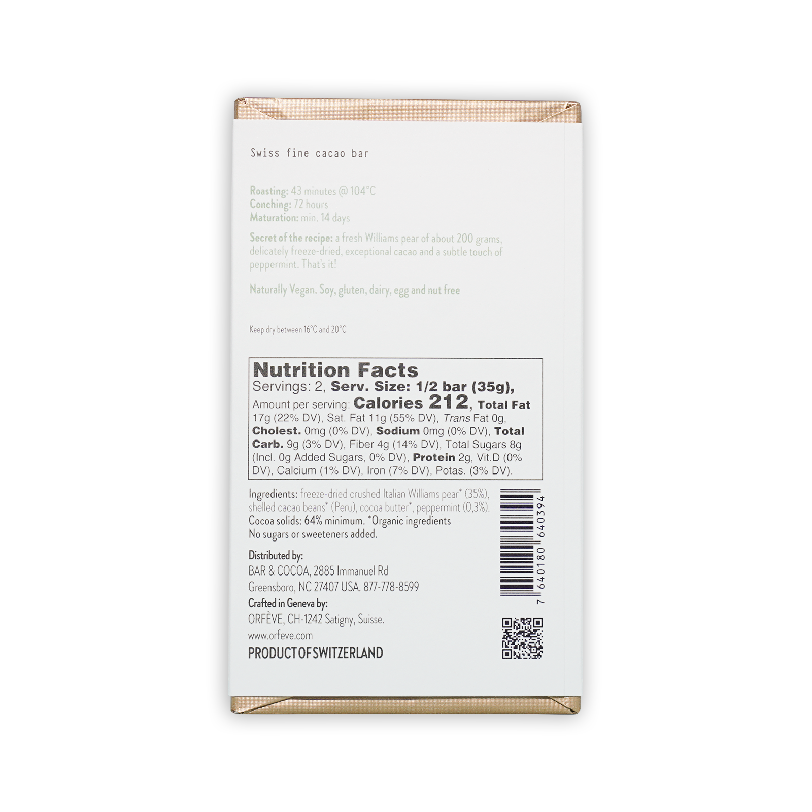 Orfeve Dark w/ Pear & Peppermint 64% cacao bar in white wrapper