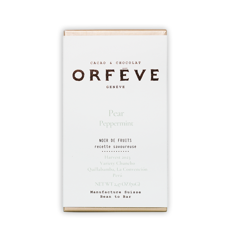 Orfève pear peppermint dark chocolate bar box, no added sugar, 64%