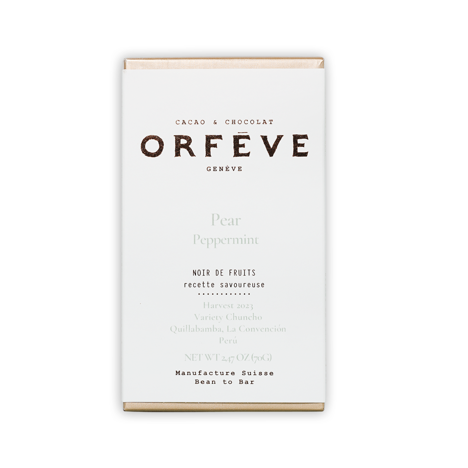 Orfève pear peppermint dark chocolate bar box, no added sugar, 64%