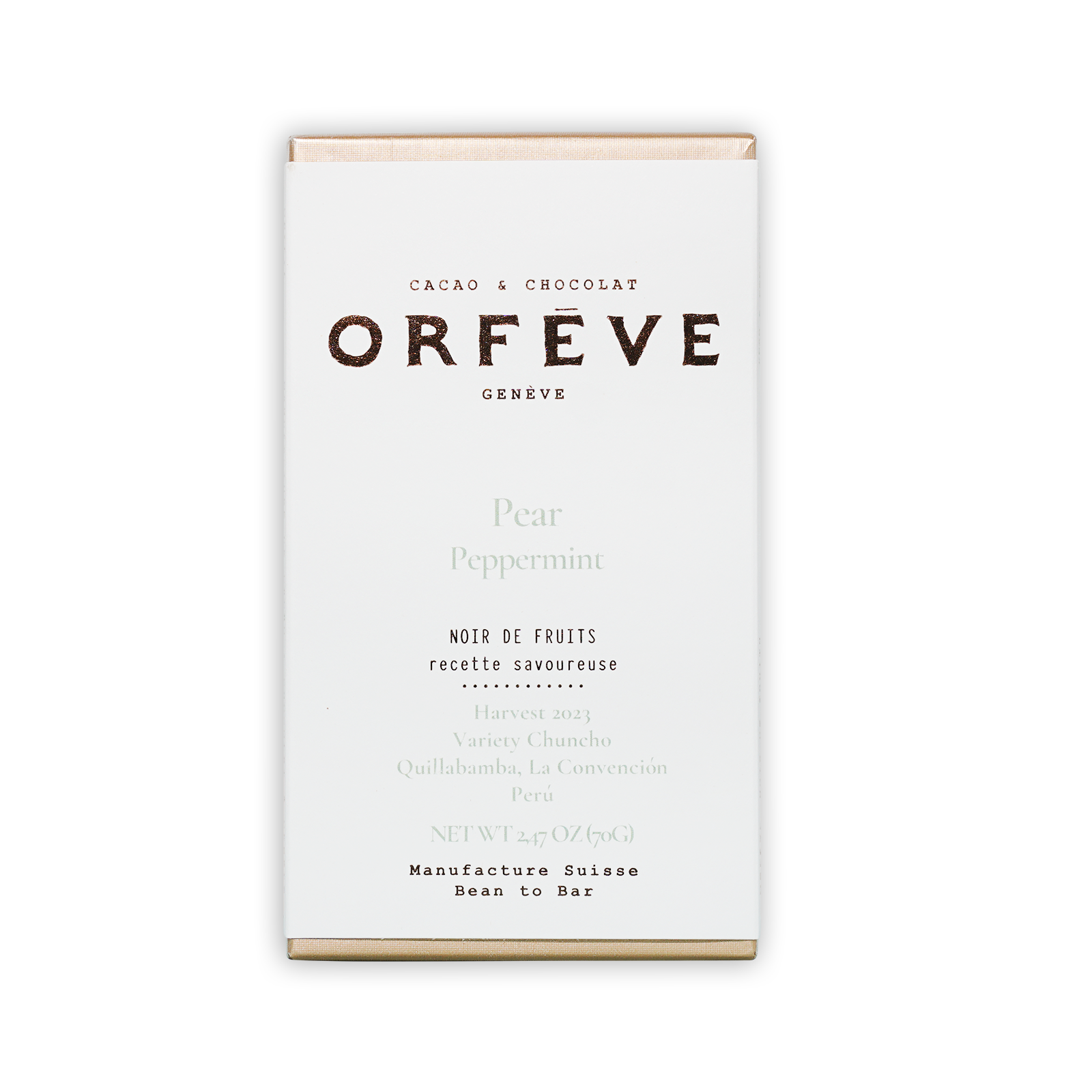 Orfève pear peppermint dark chocolate bar box, no added sugar, 64%