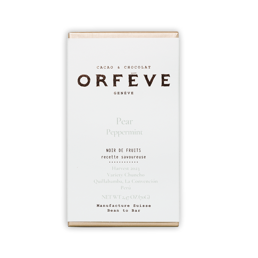 Orfève pear peppermint dark chocolate bar box, no added sugar, 64%