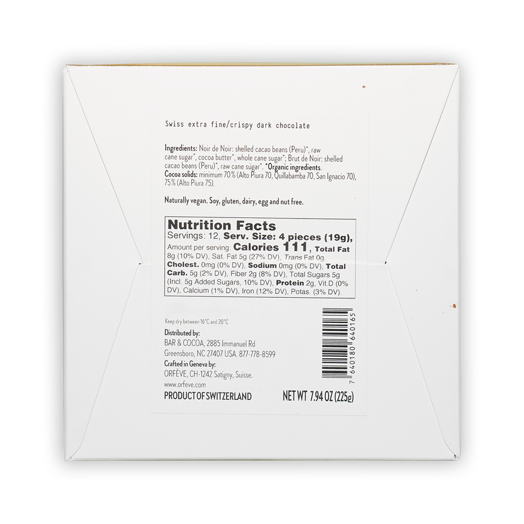 Back of Orfeve Dark Chocolate Peru Tasting Box: Swiss extra fine crispy dark chocolate with ingredients and nutrition facts