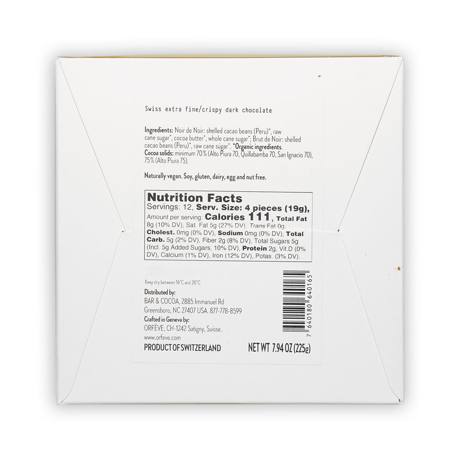 Back of Orfeve Dark Chocolate Peru Tasting Box: Swiss extra fine crispy dark chocolate with ingredients and nutrition facts