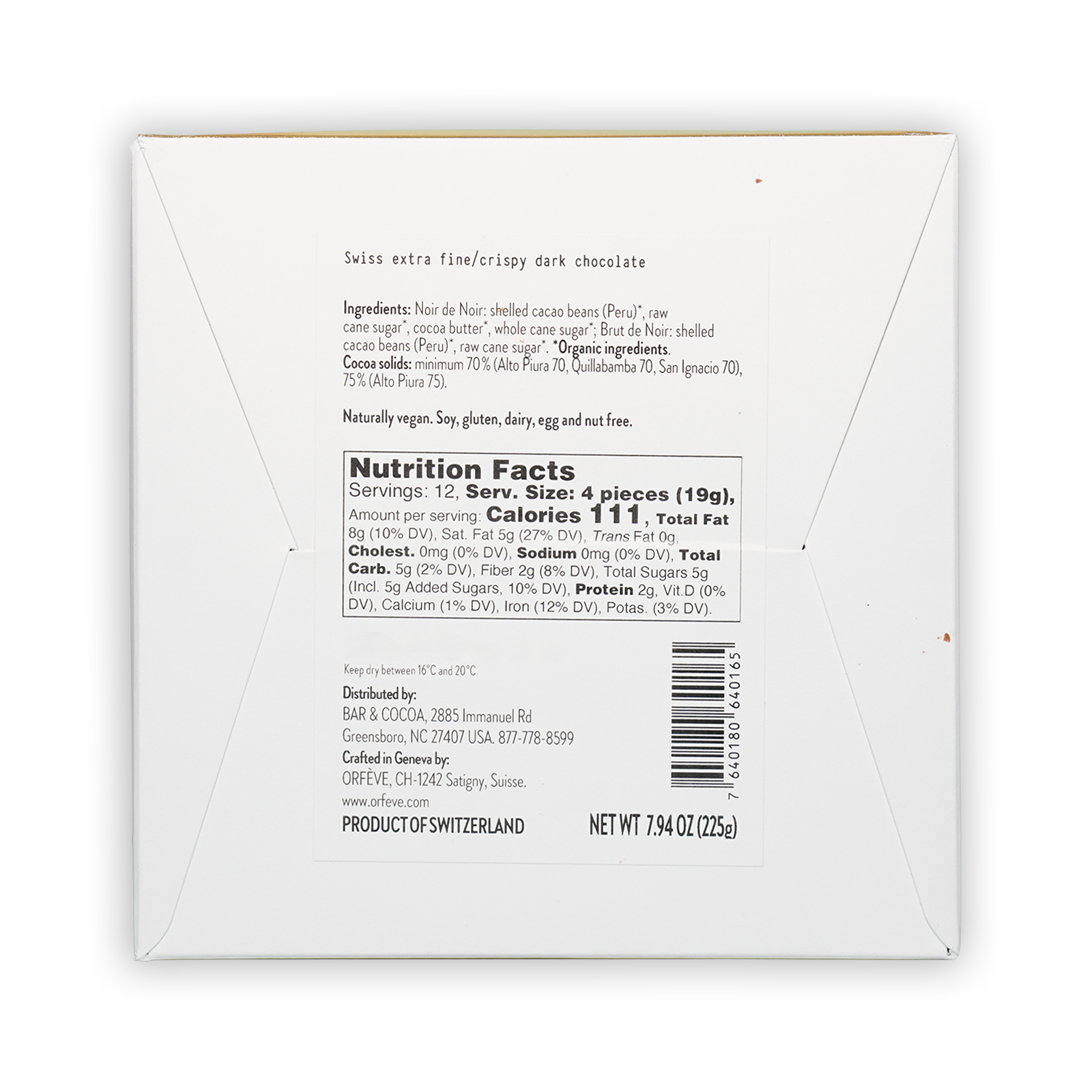 Back of Orfeve Dark Chocolate Peru Tasting Box: Swiss extra fine crispy dark chocolate with ingredients and nutrition facts