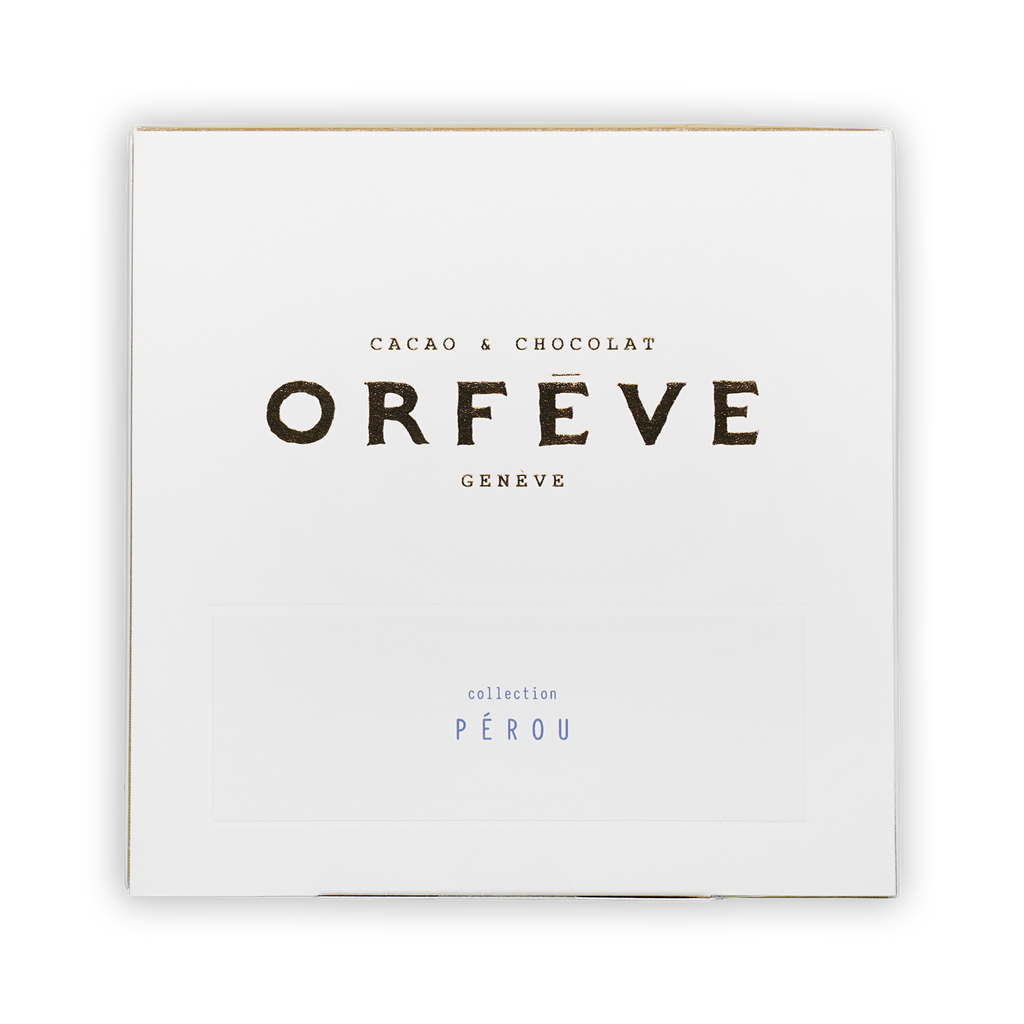 Orfeve Dark Chocolate Peru Tasting Box with cacao & chocolat text
