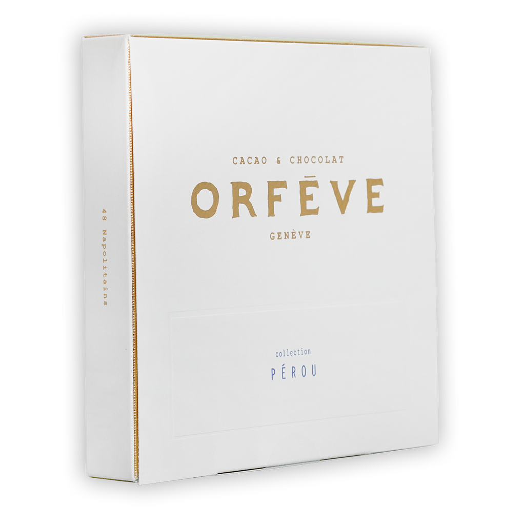 Orfève Genève Peru cacao box with gold lettering and zipper detail