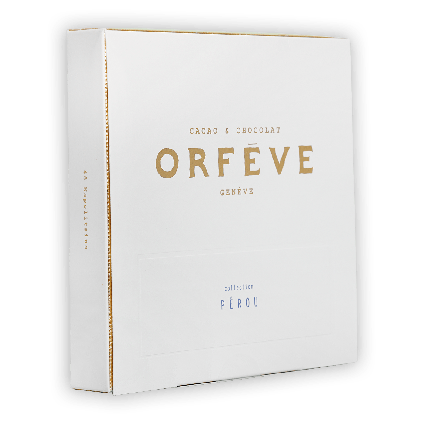 Orfève Genève Peru cacao box with gold lettering and zipper detail