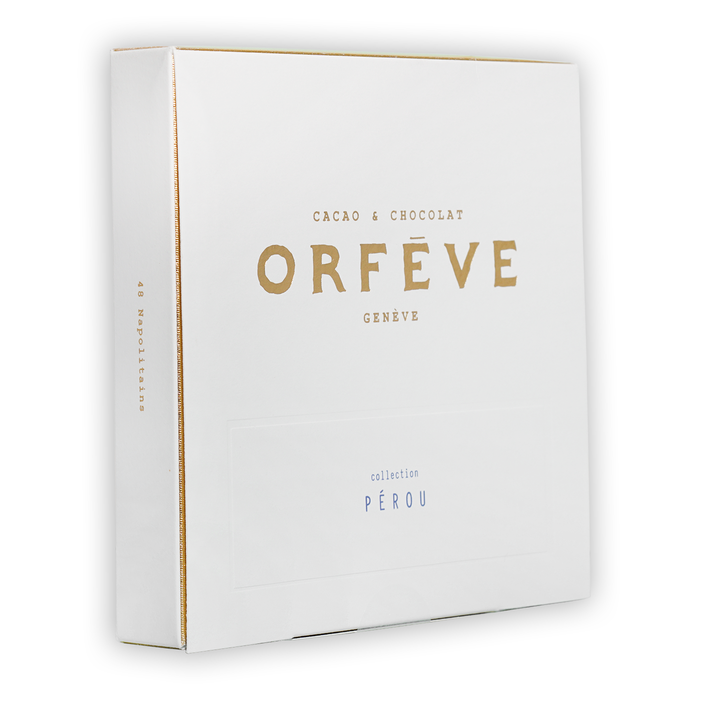 Orfève Genève Peru cacao box with gold lettering and zipper detail